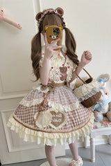 Rabbit Bear Diary Plaid Print Ruffle Bowknot Sweet Lolita Skirt 2 Colors (Blouse Included) - Khaki - 10
