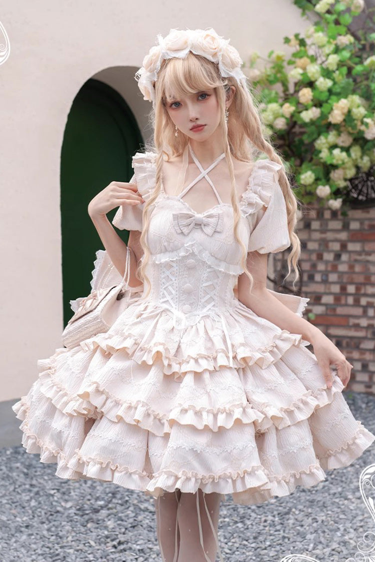 Champagne Square Collar Short Sleeves Triple-Layered Ruffle Bowknot Sweet Lolita Dress - Champagne - 1