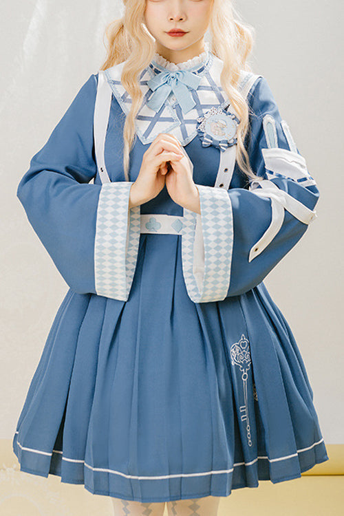 Blue Retro Trumpet Sleeves Alice Detective Sweet Lolita OP Dress - Blue - 1