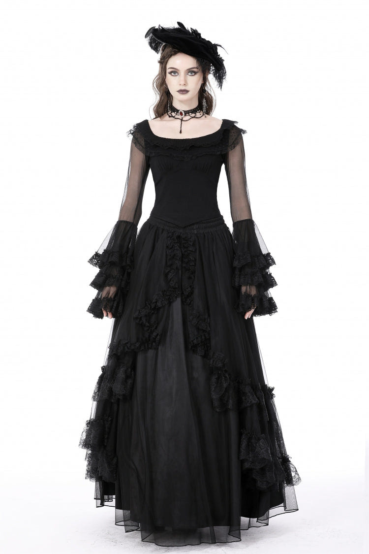 Black Multi-Layered Ruffled Lace Long Trumpet Sleeves Women's Gothic Princess Sexy Top - Product - 5