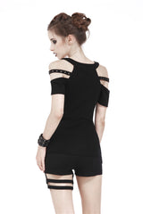 Black Off Shoulder Straps Short Sleeves Cut-Out Women's T-Shirt - Product - 4
