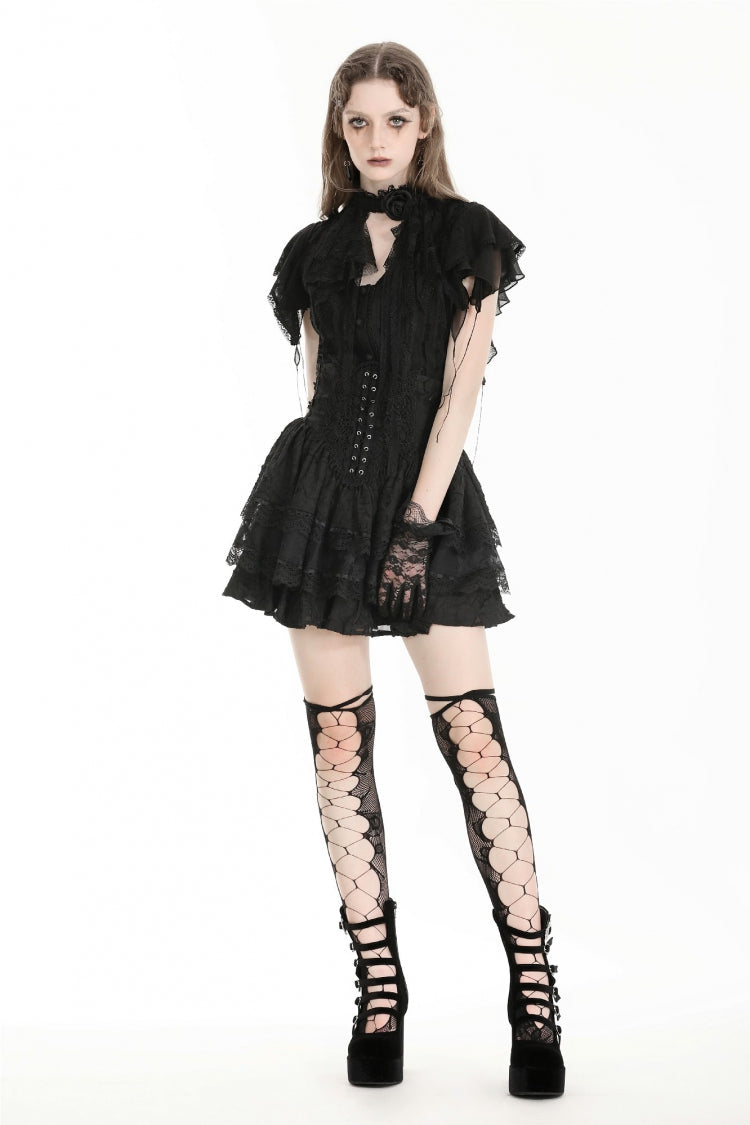 Black Stand Collar Ruffled Short Sleeves Lace Spliced Women's Gothic Blouse - Product - 7