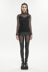 Black Turtleneck Adjustable Faux Suspenders Textured Knit Mesh Women's Punk T-Shirt - Product - 4
