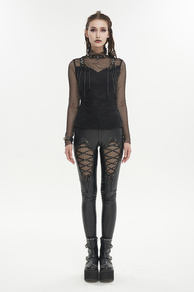 Black Turtleneck Adjustable Faux Suspenders Textured Knit Mesh Women's Punk T-Shirt - Product - 4