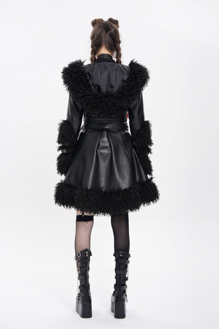 Black Long Sleeves Plush Stitching Buckle Hooded Straps Women's Punk Coat - Product - 9