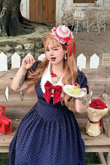 Blue V Collar Short Sleeves Polka Dot Printed Ruffled Bow Lace Classic Plus Size Preppy Style Lolita Dress - Product - 11