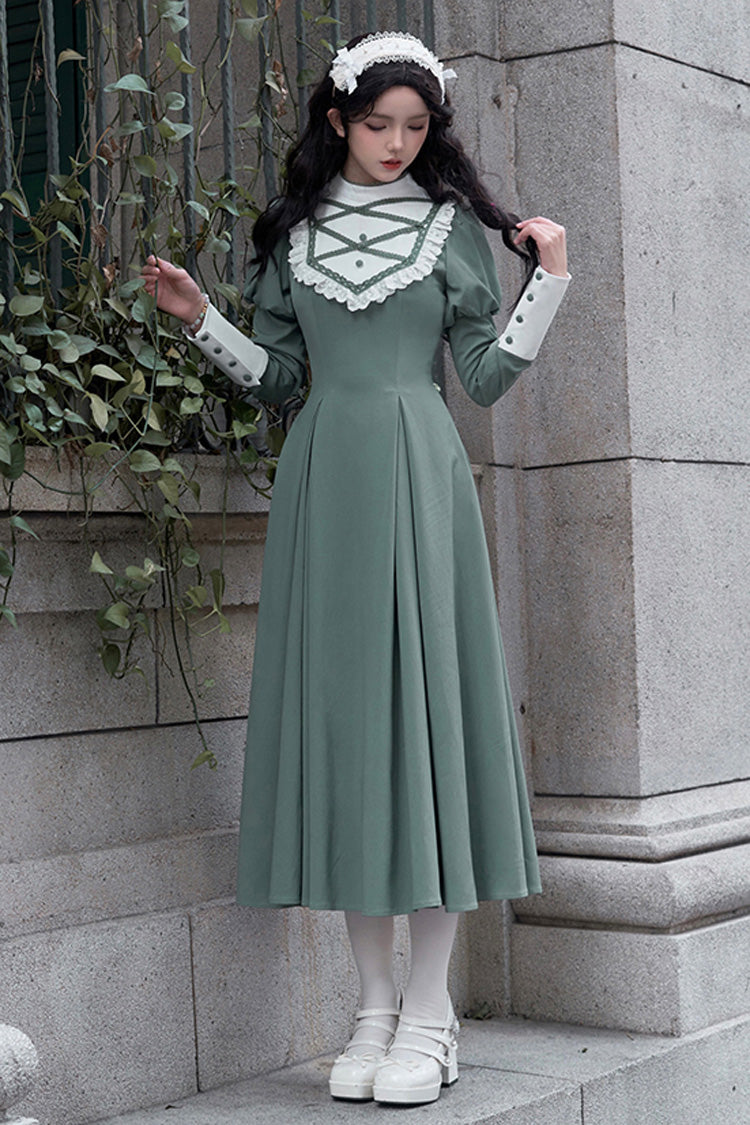 Green Nun Style Stand Collar Long Sleeves Ruffle Bowknot Classic Elegant Lolita Dress - Product - 2