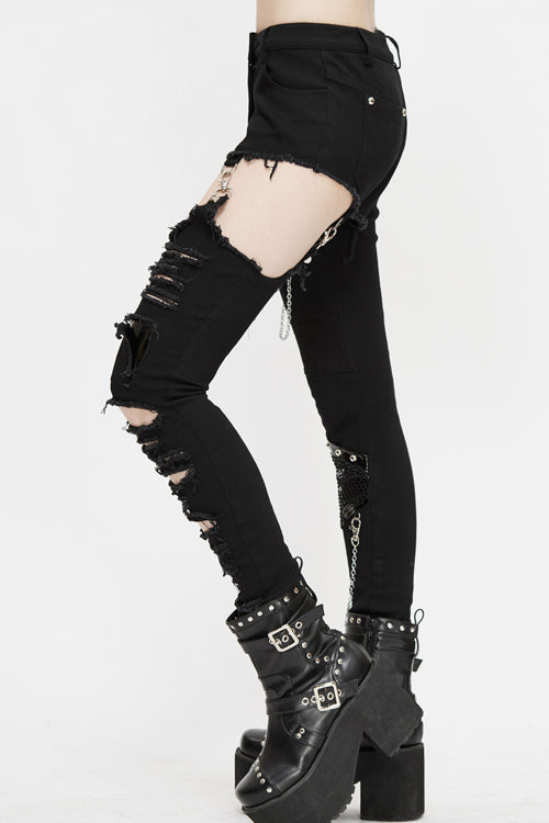 Black Punk Asymmetrical Spliced Broken Hole With Chains Womens Pants - Product - 2