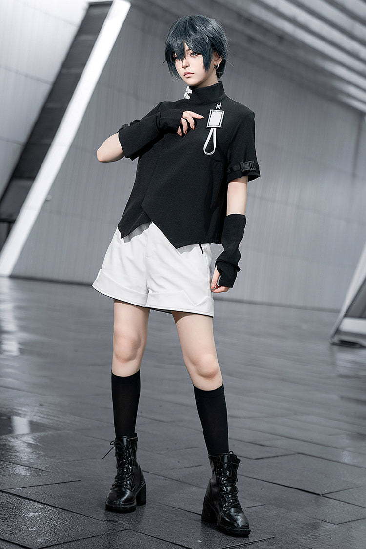 Black Functional Style Stand Collar Short Sleeves Ouji Fashion Prince Handsome Lolita Blouse - Product - 6
