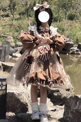 Bear Long Sleeves High Waisted Ruffle Bowknot Sweet Lolita Dress 3 Colors - Brown - 1