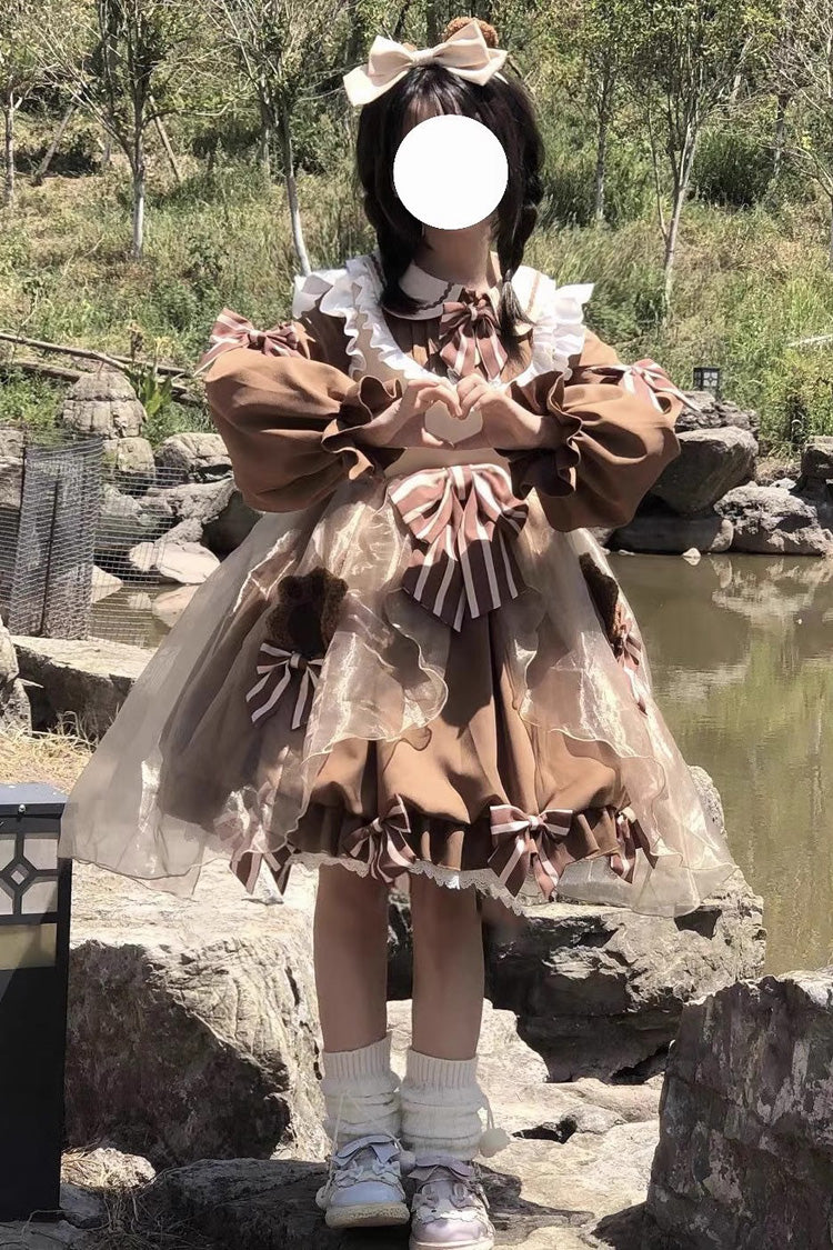 Bear Long Sleeves High Waisted Ruffle Bowknot Sweet Lolita Dress 3 Colors - Brown - 1