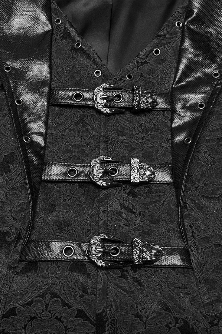 Black Lapel V-neck Sleeveless Jacquard Buckle Men's Gothic Vest - Product - 6