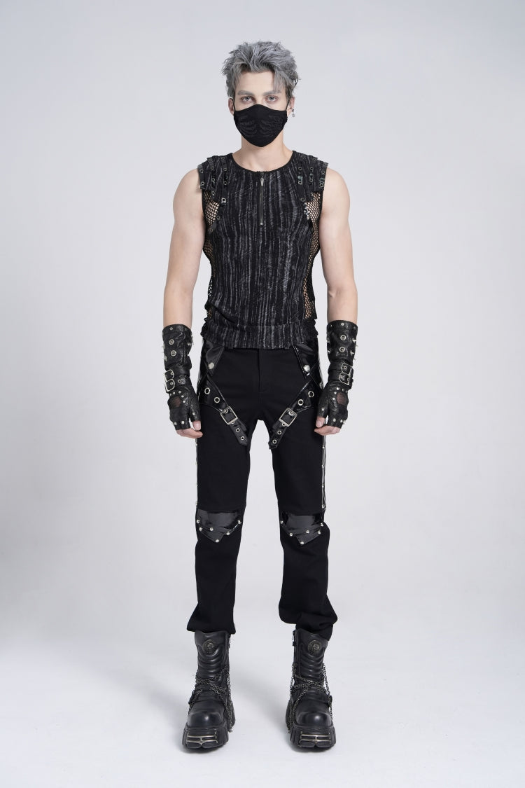 Black Sleeveless Ribbed Print Stitching Mesh Zipper Men's Gothic Vest - Product - 5