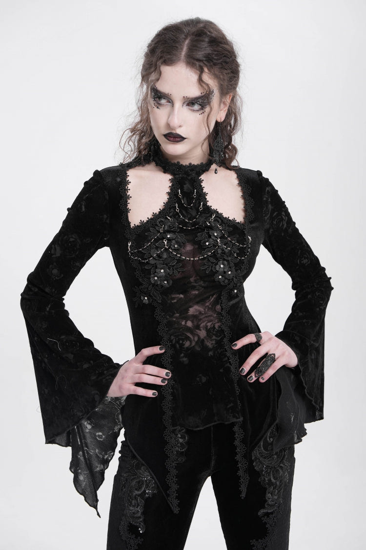 Black Halterneck Long Trumpet Sleeves Jacquard Embroidery Women's Gothic Blouse - Product - 4