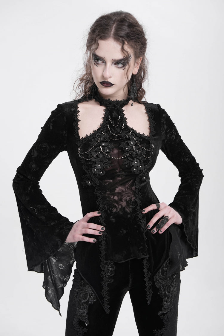 Black Halterneck Long Trumpet Sleeves Jacquard Embroidery Women's Gothic Blouse - Product - 4