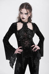 Black Halterneck Long Trumpet Sleeves Jacquard Embroidery Women's Gothic Blouse - Product - 4