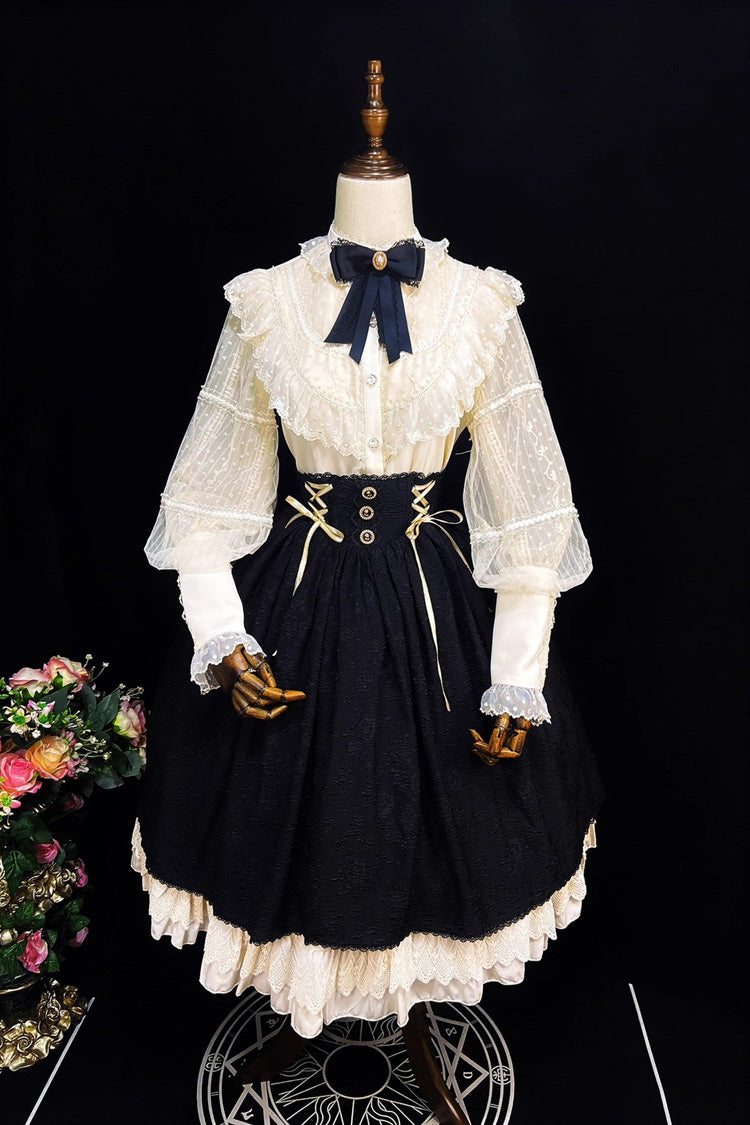 Black [Heart of Rose] High Waisted Ruffle Embroidery Lace-Up Sweet Vintage Elegant Palace Lolita Skirt - Product - 4