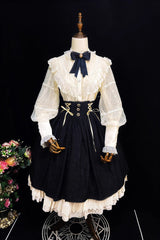 Black [Heart of Rose] High Waisted Ruffle Embroidery Lace-Up Sweet Vintage Elegant Palace Lolita Skirt - Product - 4