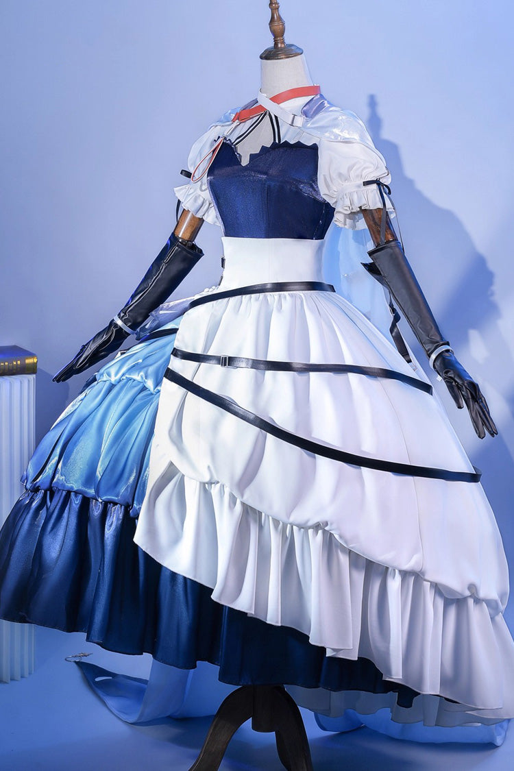 Blue/White [Arknights] Short Puff Sleeves Ruffle Cardigan Asymmetric Classic Anime Cosplay Lolita Dress Set - Product - 2
