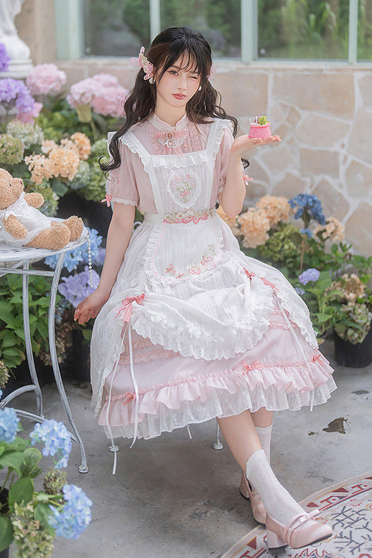 Pink Stand Collar Short Sleeves Ruffled Embroidered Lace Sweet Chinese Inspired Lolita Dress - Product - 15