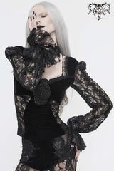 Black Front Chest Decals Lantern Sleeve Lace Cuff Back Lace-Up Knitted Velvet Women's Gothic T-Shirt - Product - 3