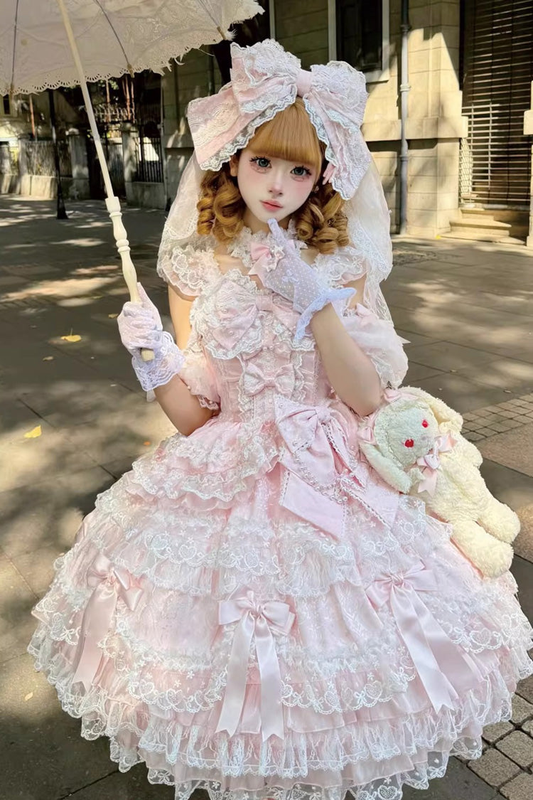 Pink Dream of the Misty Moon Sleeveless Multi-Layered Ruffled Bow Lace Pearl-Decorated Sweet Princess (Dress Only) detail view 5