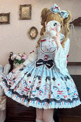 Blue [Mystery Rabbit Tea Party] Sleeveless Print Ruffle Bowknot Lace Sweet Lolita Jsk Dress - Product - 10