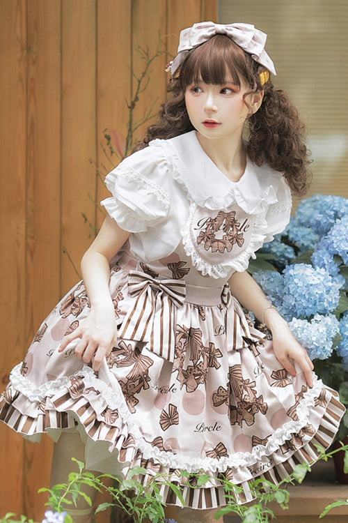 Brown Chocolate Wreath Print Sweet Lolita Strap Dress - Product - 3