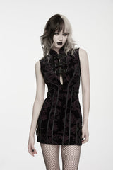 Black/Red Stand Collar Sleeveless Jacquard Lace Slim Fit Buckled Women's Punk Luxurious Dress - Product - 9