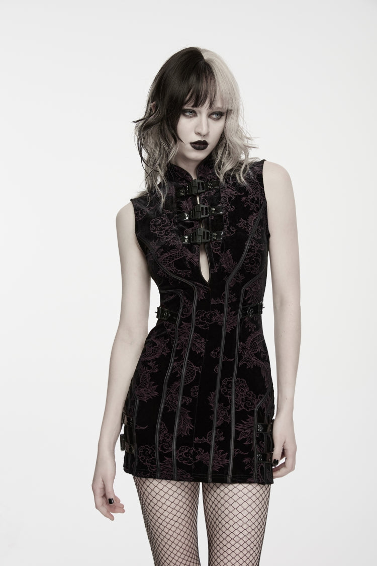 Black/Red Stand Collar Sleeveless Jacquard Lace Slim Fit Buckled Women's Punk Luxurious Dress - Product - 9