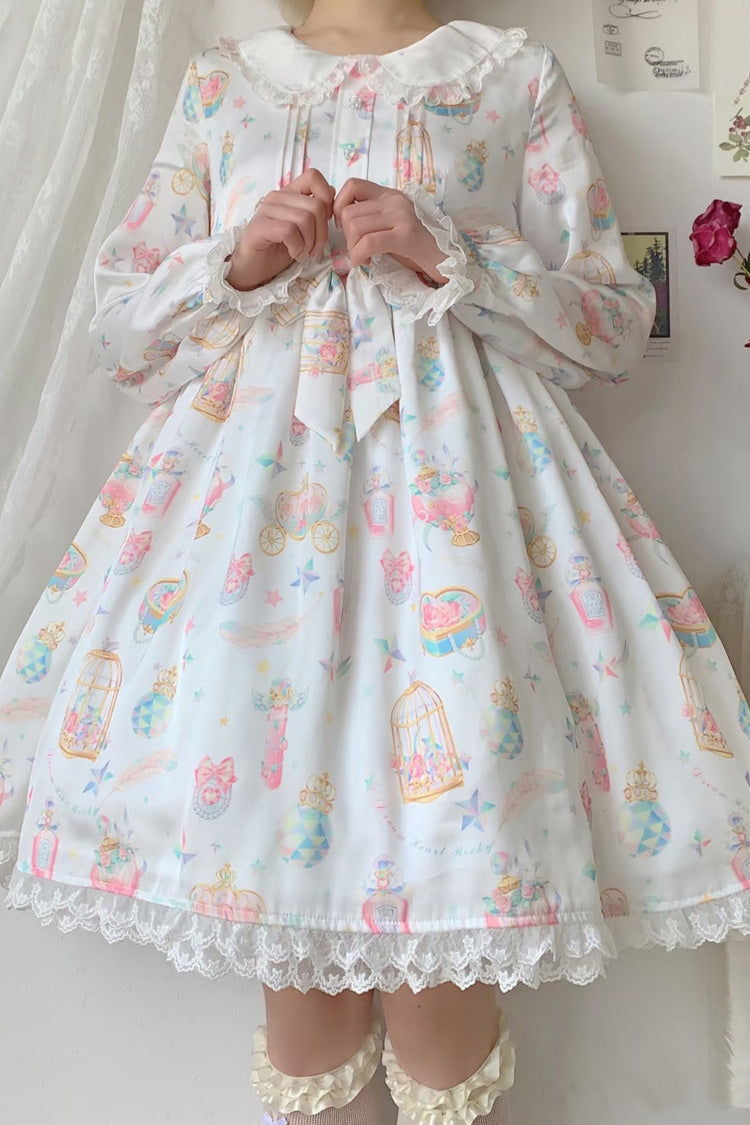 White/Apricot Long Sleeves Print Bowknot Lace Sweet Plus Size Lolita Dress - Product - 6
