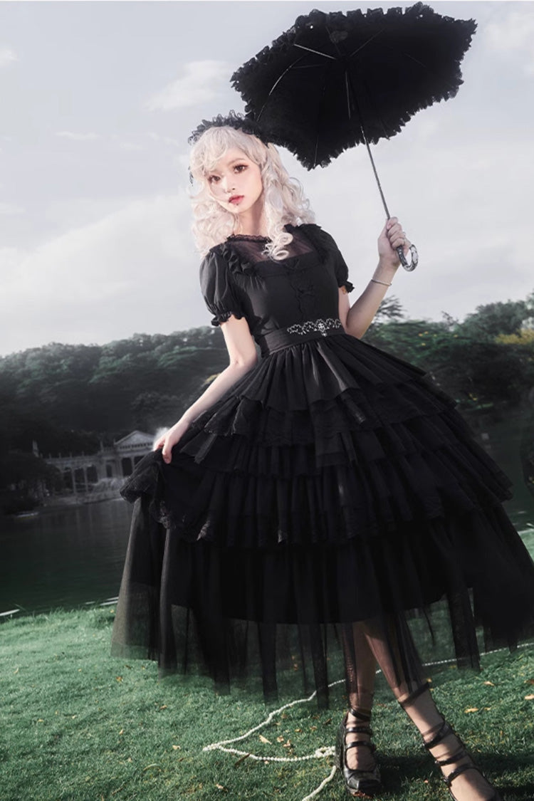 Black Twin Ivory Towers Short Sleeves Five-Layered Ruffle Gothic Lolita Dress - Product - 5