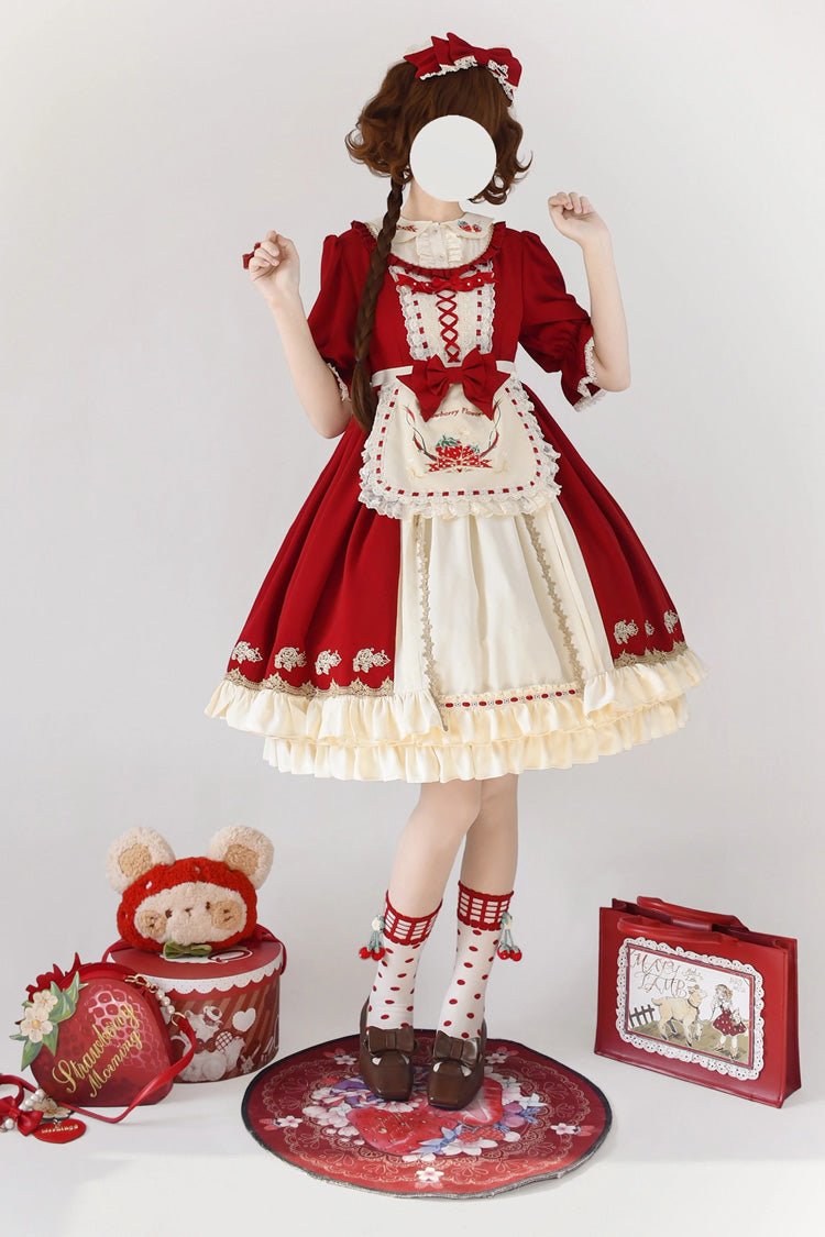 レッド栃木ガール二層フリル刺繍カーディガンスウィートロリータワンピースフルセット 商品画像