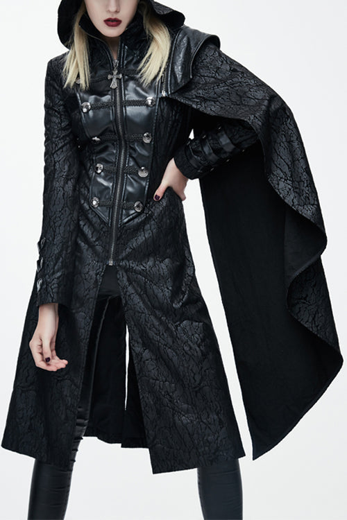 Black Punk Hooded One Side Shawl Gothic Pattern Womens Leather Long Coat - Black - 1