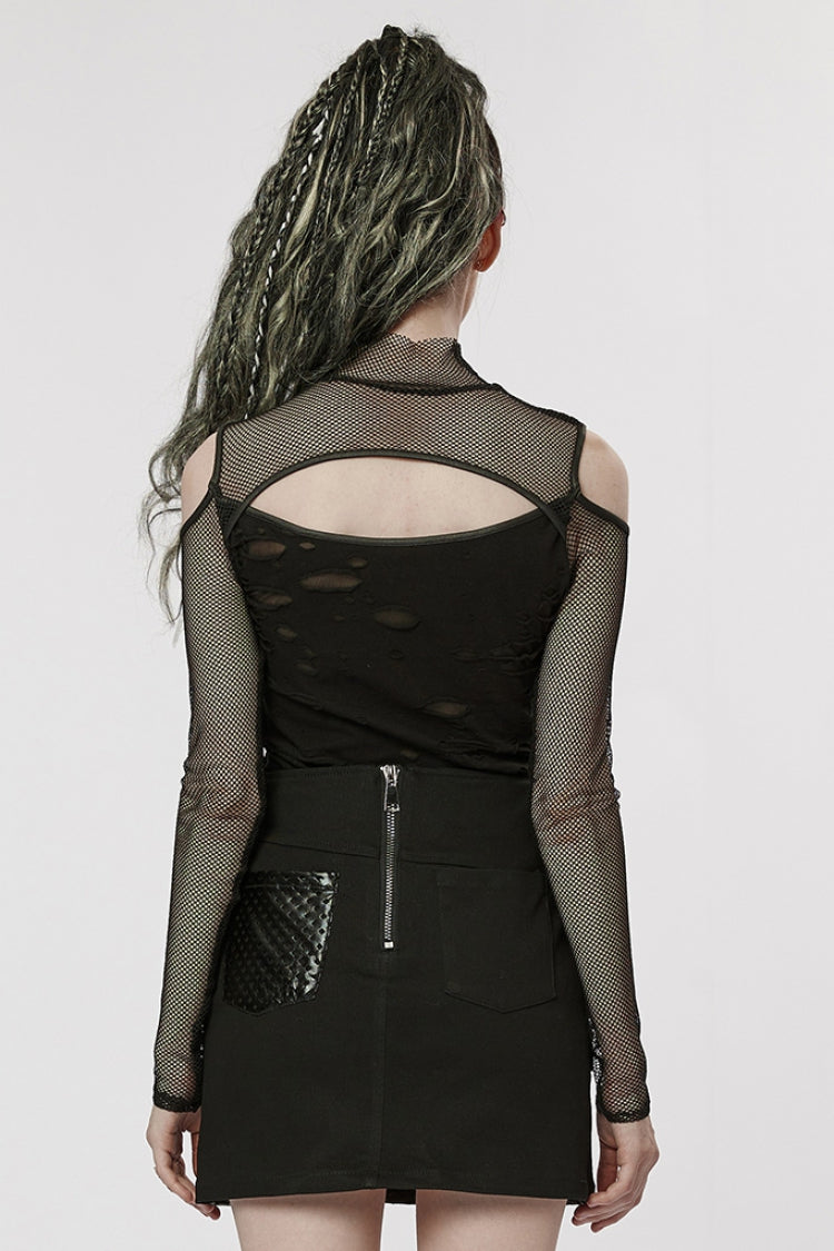 Black Off Shoulder Mesh Ripped Women's Punk T-Shirt - Product - 3