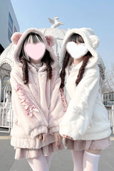 [Sleepy Bear Fluffy] Bear Ears Long Sleeves Bow Lace-Up Hooded Zippered Sweet Jirai Kei Japanese Coat - Pink - 1