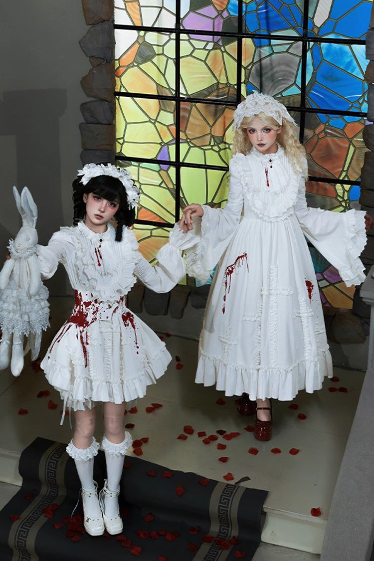 White [Cross Doll] Long Hime Sleeves Ruffle Lace Gothic Lolita Dress Set 2 Versions - Product - 8