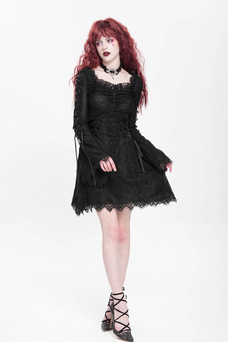 Black Square Collar Long Trumpet Sleeves Embroidered Lace-Up Women's Gothic Dress - Product - 9