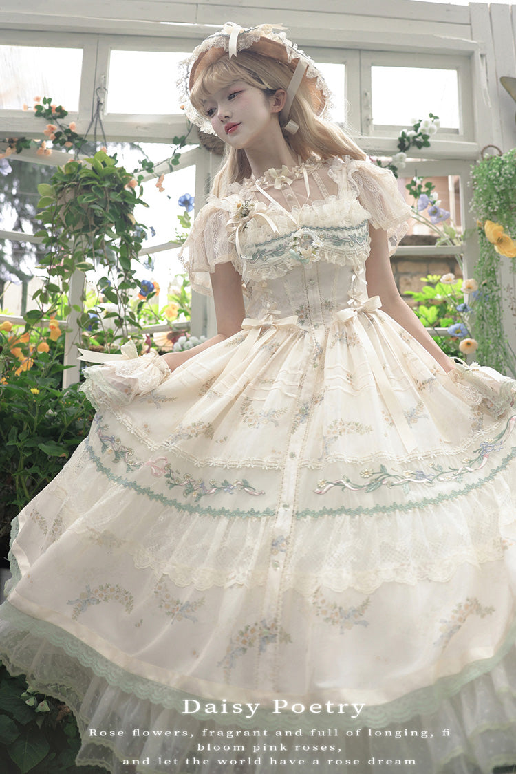 Multi-Color [Daisy Poetry] Print Ruffle Hollow Embroidery Lace Sweet Elegant Princess Lolita Jsk Dress - Product - 5