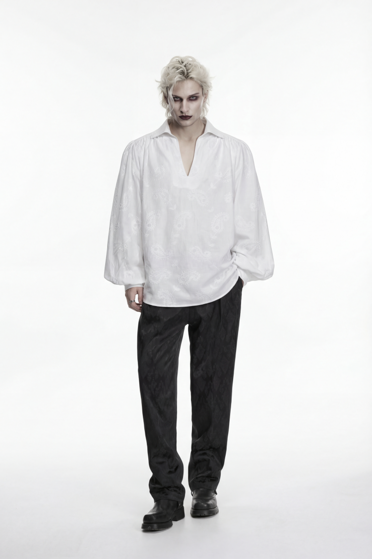 White Lapel Collar Long Lantern Sleeves Printed Embroidered Men's Gothic Shirt - Product - 3