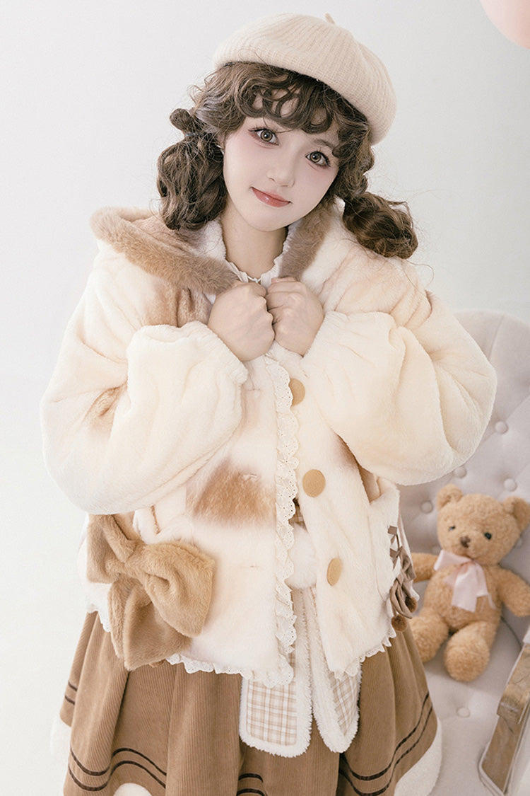 Ivory [Mocha Bear] Print Bowknot Hooded Sweet Lolita Coat - Product - 7