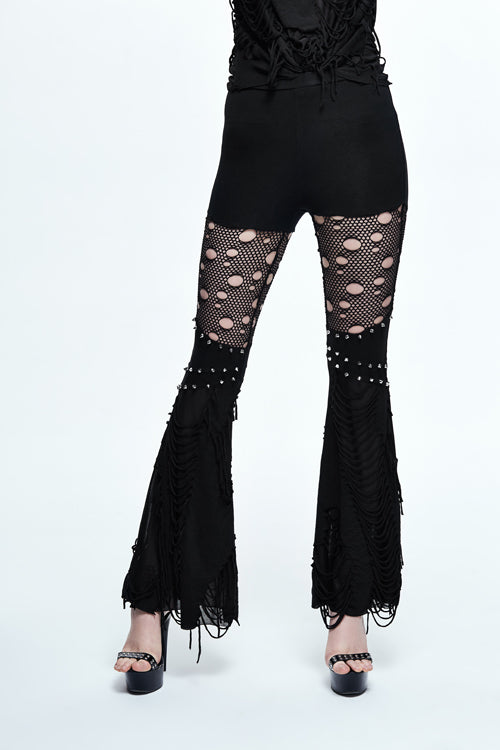 Black Punk Sexy Broken Holes Slim Fit Flared Womens Pants - Black - 1