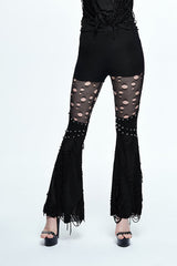 Black Punk Sexy Broken Holes Slim Fit Flared Womens Pants - Black - 1