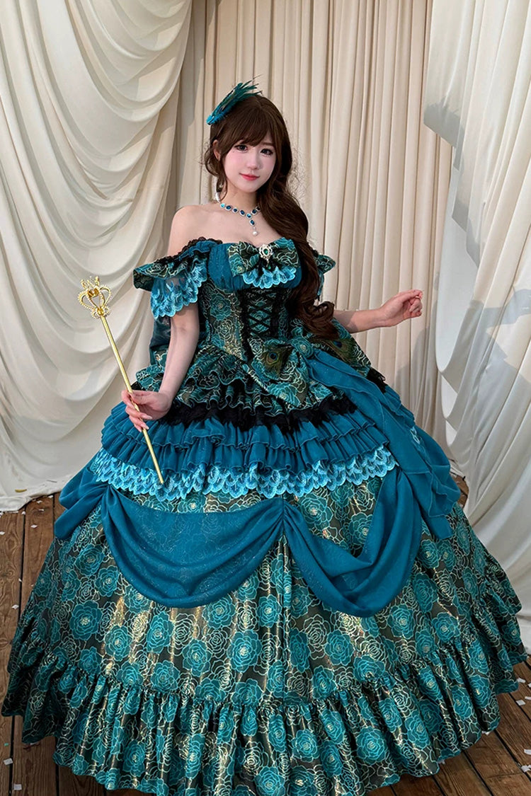 Blue/Green [Peacock Spirit Princess] Sleeveless Multi-Layered Ruffled Bow Lace-Up Classic Elegant Lolita Jsk Dress - Product - 9