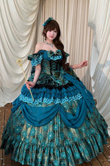 Blue/Green [Peacock Spirit Princess] Sleeveless Multi-Layered Ruffled Bow Lace-Up Classic Elegant Lolita Jsk Dress - Product - 9