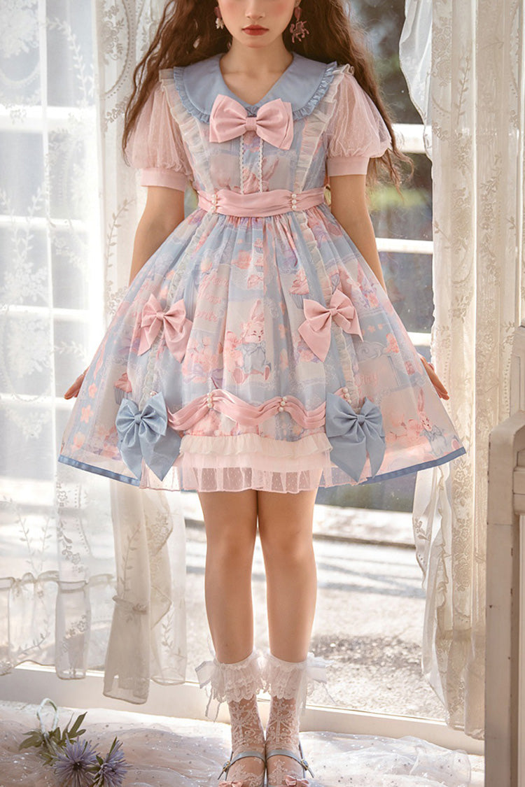 Pink/Blue Doll Collar Short Sleeves Rabbit Candy Paper Print High Waisted Sweet Lolita OP Dress - Pink/Blue - 1