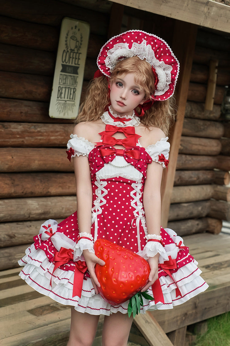 Wine Red Halterneck Short Sleeves Triple-Layered Polka Dot Printed Bow Lace-Up Sweet Lolita Dress - Product - 6