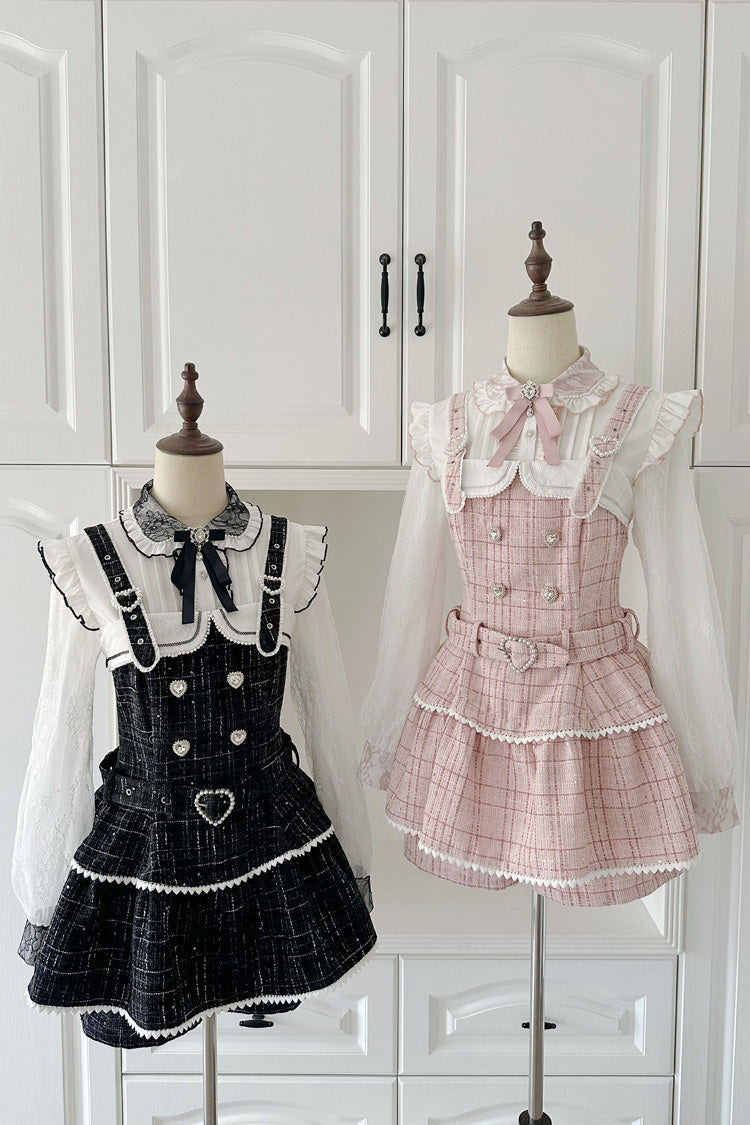 Black Plaid Printed Pearl-Decorated Sweet Jirai Kei Japanese Strap Dress Set - Product - 6
