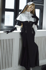 Black [Halloween Night Temple Nun] Short Sleeves Print Ruffle Gothic Elegant Lolita Dress - Black - 1