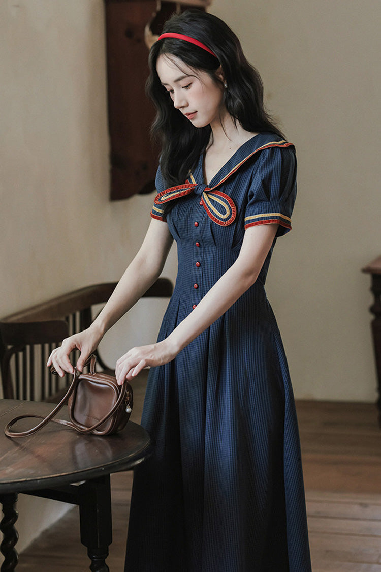 Dark Blue Navy Collar Short Sleeves Subtle Pattern Bow Classic College Style Lolita Dress - Product - 4